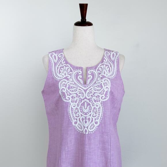 Talbots Lilac Embroidered Linen Sleeveless Dress - Picture 4 of 10